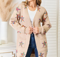 Star Pattern Open Front Longline Cardigan