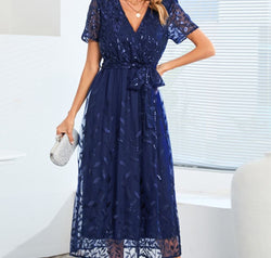 Sequin Leaf Embroidery Tie Front Short Sleeve Dress