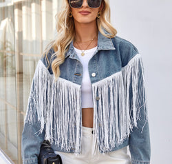 Tassel Button Up Dropped Shoulder Denim Jacket