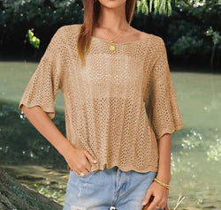 Openwork Round Neck Half Sleeve Knit Top