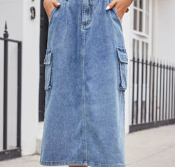 Slit Buttoned Denim Skirt with Pockets
