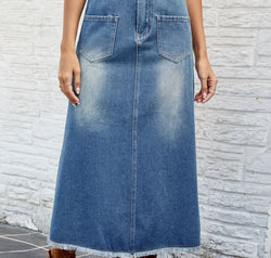 Raw Hem Buttoned Denim Skirt with Pockets