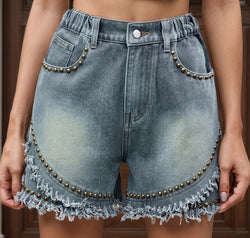 Raw Hem Studded Denim Shorts