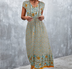 V-Neck Short Sleeve Printed Maxi Dress