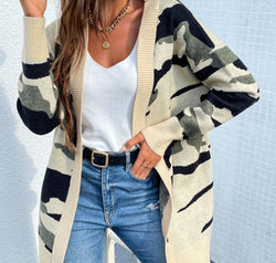Camouflaged Dropped Shoulder Open Front Cardigan