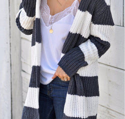 Striped Open Front Hooded Cardigan