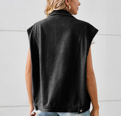 Pocketed Button Up Sleeveless Denim Jacket
