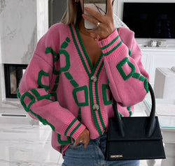 Geometric Dropped Shoulder Button Down Cardigan