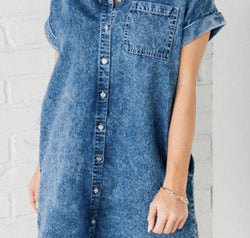 Raw Hem Pocketed Cap Sleeve Denim Dress