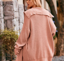 Collared Neck Button-Up Cardigan with Pockets