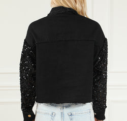 Sequin Button Up Raw Hem Denim Jacket