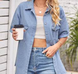 Collared Neck Short Sleeve Denim Jacket