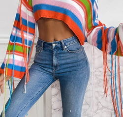 Fringe Striped Round Neck Knit Top