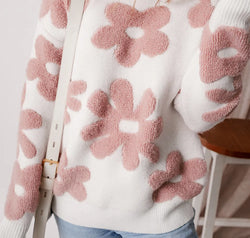 Flower Round Neck Long Sleeve Knit Top