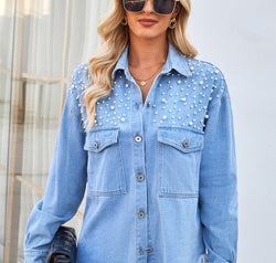 Pearl Detail Pocketed Button Up Denim Jacket