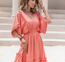 Tassel Trim Smocked V-Neck Short Sleeve Dress