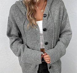 Button Up Drawstring Long Sleeve Hooded Cardigan