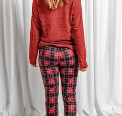 Round Neck Top and Drawstring Plaid Pants Lounge Set