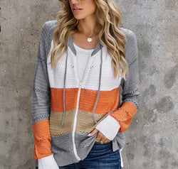 Zip-Up Raglan Sleeve Openwork Hooded Cardigan