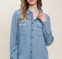 Love Tree Scooped Hem Button Up Denim Shirt