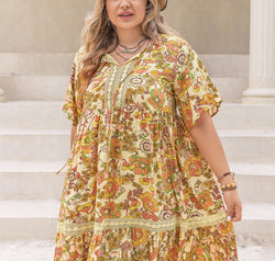 Plus Size Printed Tie Neck Short Sleeve Mini Dress