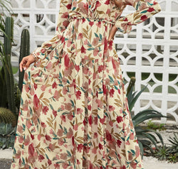 Floral Frill Trim Flounce Sleeve Plunge Maxi Dress