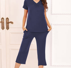 V-Neck Short Sleeve Top and Pants Lounge Set