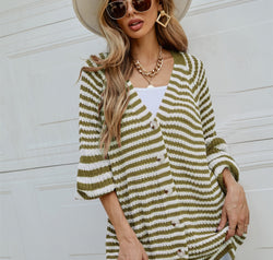 Striped Button Up Long Sleeve Cardigan