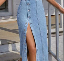 Buttoned Split Denim Skirt