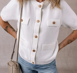 Button Up Round Neck Short Sleeve Knit Top