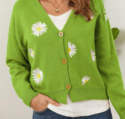 Flower Button Front Dropped Shoulder Cardigan