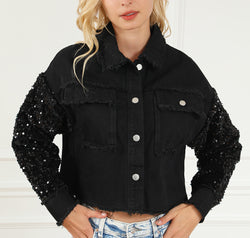 Sequin Button Up Raw Hem Denim Jacket