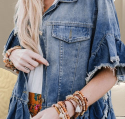 Ruffled Raw Hem Half Sleeve Denim Top