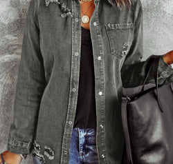 Distressed Raw Hem Snap Down Denim Jacket