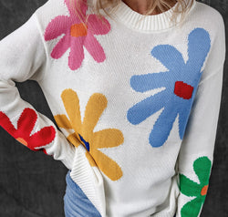 Flower Round Neck Dropped Shoulder Sweater