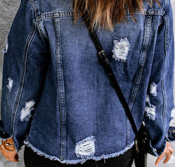 Mixed Print Distressed Button Front Denim Jacket