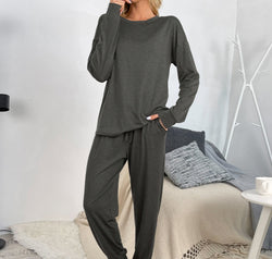 Shiny Round Neck Top and Drawstring Pants Lounge Set
