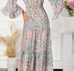 Printed Tassel Tie V-Neck Tiered Dress