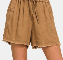 Zenana Washed Linen Frayed Hem Drawstring Shorts