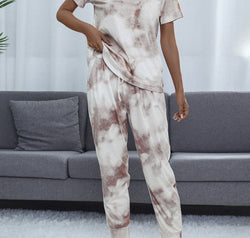 Shiny Tie-Dye Round Neck Short Sleeve Top and Pants Lounge Set