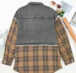 Plaid Raw Hem Button Up Denim Jacket