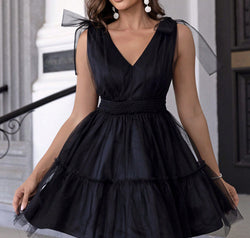 V-Neck Shoulder Detail Mesh Dress