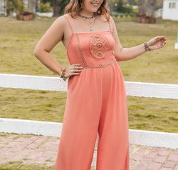 Plus Size Lace Detail Spaghetti Strap Wide Leg Jumpsuit