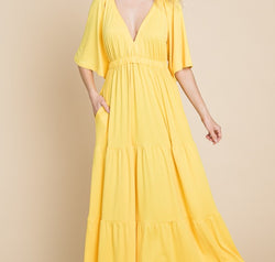 Culture Code Backless Plunge Half Sleeve Tiered Dress