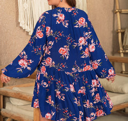 Plus Size Printed Tie Neck Balloon Sleeve Mini Dress