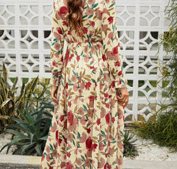 Floral Frill Trim Flounce Sleeve Plunge Maxi Dress