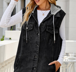 Drawstring Pocketed Button Up Sleeveless Denim Jacket
