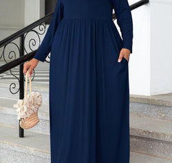 Plus Size Round Neck Long Sleeve Maxi Dress with Pockets