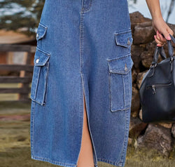 Slit Front Midi Denim Skirt with Pockets
