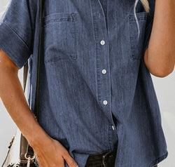 Pocketed Button Up Short Sleeve Denim Shirt